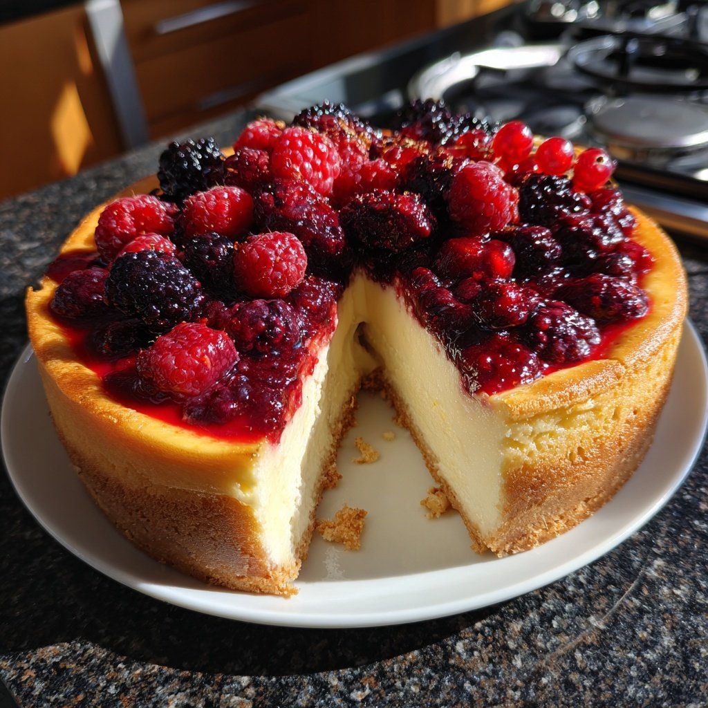 Käsekuchen mit Keksboden und Beeren