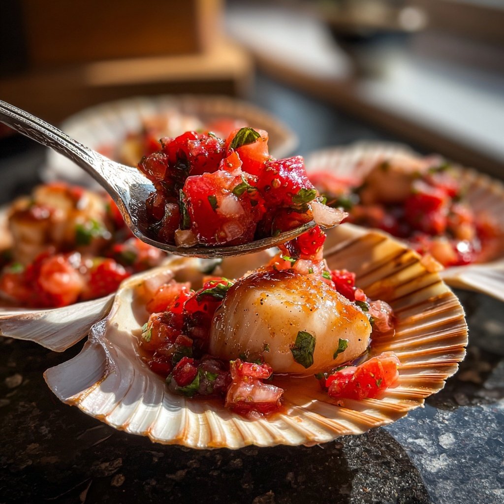 Jakobsmuscheln mit Erdbeersalsa