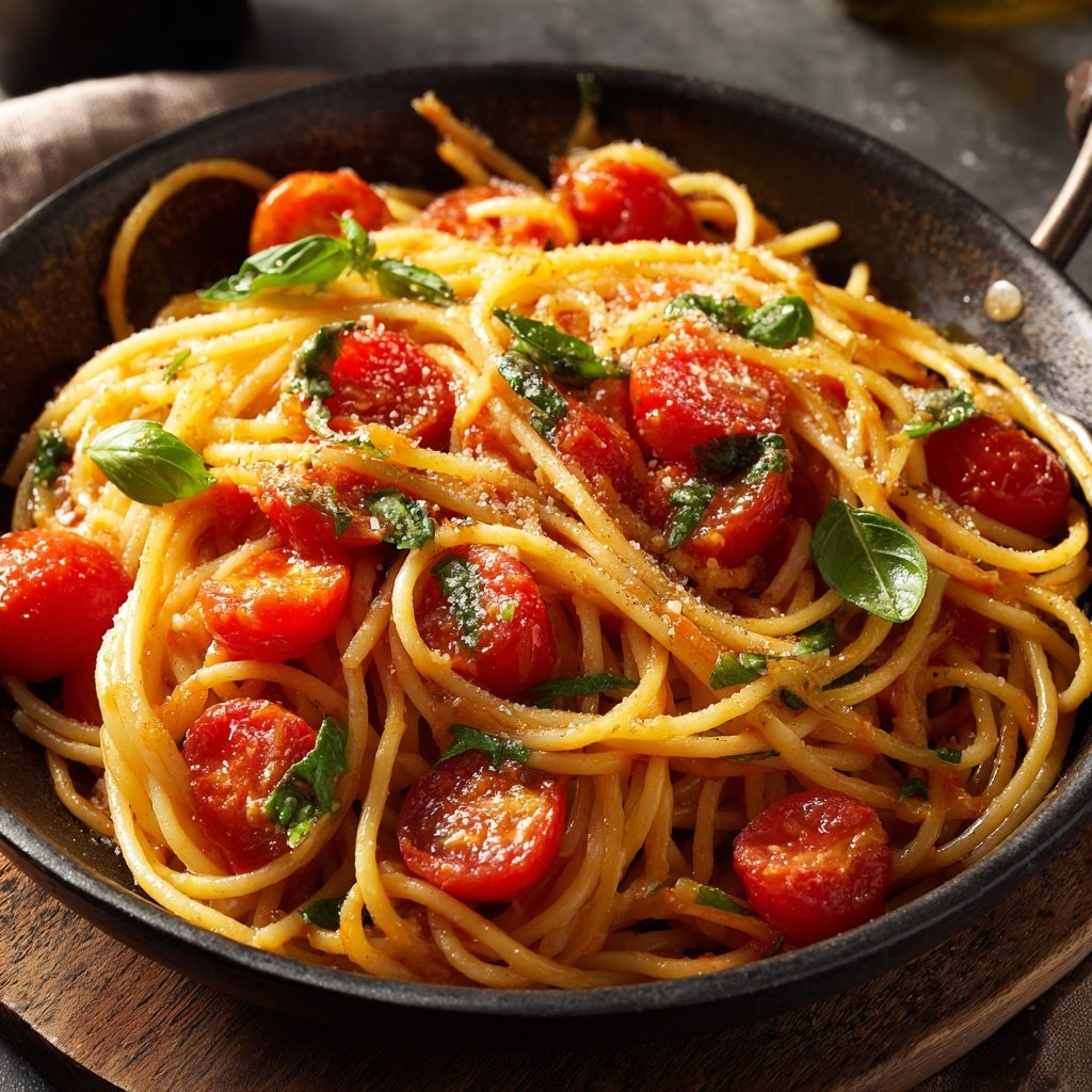 Spaghetti mit Tomaten und Basilikum
